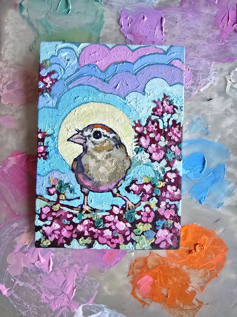 Portrait of a sparrow, oil on canvas panel, painted from photo taken in backyard here in California.